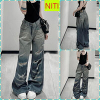 [ORTD5730] QUẦN JEANS ỐNG RỘNG NỮ LƯNG CAO LOANG BẠC ĐÙI KÈM RÁCH NGANG NHIỀU MÀU XANH ĐẬM LAI CUỐN XỊN SÒ TÔN DÁNG