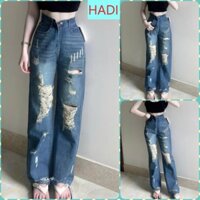 [ORTD5731HA] QUẦN JEANS ỐNG RỘNG NỮ LƯNG CAO RÁCH CÀO MẢNG ĐÙI NHIỀU TE TUA MÀU XANH ĐẬM LAI CUỐN SIÊU HOT HIT