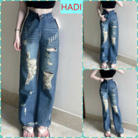 [ORTD5731HA] QUẦN JEANS ỐNG RỘNG NỮ LƯNG CAO RÁCH CÀO MẢNG ĐÙI NHIỀU TE TUA MÀU XANH ĐẬM LAI CUỐN SIÊU HOT HIT