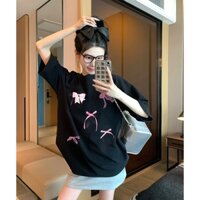 Oufisun Mỹ xu hướng retro tương phản khâu nơ màu hồng áo thun tay ngắn dáng rộng mùa hè nữ oversize giản dị nửa tay hàng đầu