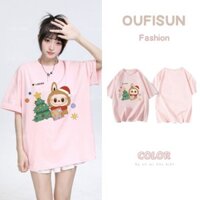 Oufisun Thiết kế ban đầu Quần áo họa tiết Giáng sinh Áo thun nữ tay ngắn cho nữ Áo thun đen trắng Dòng màu cổ điển Vải khô nhanh Quần áo bé gái LABUBU