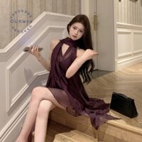 Oukwca Mùa Hè Xếp Ly Cổ Chữ V Không Tay Dây Voan Lưới Ruy Băng Rời Mini Đầm Mới