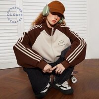 Oukwca Mỹ Retro Phong Cách Đại Học Sọc Chắp Vá Đứng Cổ Dây Kéo Áo Khoác Cardigan Cho Nữ Mới