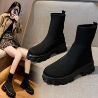 Oukwca Nữ Co Giãn Đan Giày Tròn Ngón Chân Khối Giày Cao Gót Tất Giày Nền Tảng Giữa Gót Đan Giày Lug Đế Chống Trơn Trượt Tất Booties Mới