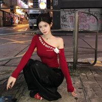 Oukwca Thời Trang Hoạt Hình Mèo In Chữ Off Vai Dài Tay Áo Thun Nữ Crop Top Mới