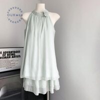 Oukwca Thời Trang Xanh Hoa Hồng Không Tay Dây Cổ Tròn Áo Sơ Mi Quần Short Hai Mảnh Mới