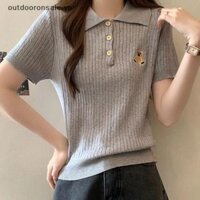 [Outdooronsale] Áo thun dệt kim ngắn tay thêu gấu ngọt ngào Hàn Quốc dành cho nữ Preppy Style Top [VN]