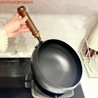 Outdoroasis Chảo nấu ăn Trung Quốc, Chảo rán sắt tay cầm bằng gỗ không tráng phủ, Chảo bụng lớn Đáy phẳng Nồi súp treo bụng lớn cho nhà hàng