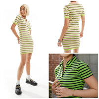 [OUTLET MỸ] Đầm midi FOREVER21 ôm body thun poly gân cổ polo tay ngắn eo thắt nơ dúng xẻ tà sọc đen xanh lá