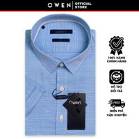 OWEN SALE - Áo Sơ Mi Owen Tay Ngắn, Màu xanh Blue - Trắng , Họa Tiết Sọc Ngang, Form Body Lai Ngang