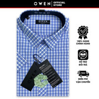 OWEN SALE - Áo Sơ Mi Owen Tay Ngắn, Màu Xanh - Trắng , Họa Tiết Caro, Form Body Fit Lai Ngang