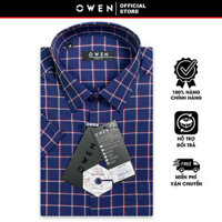 OWEN SALE - Áo Sơ Mi Owen Tay Ngắn, Màu Kẻ Caro Trắng-Đỏ, Nền Xanh Đậm, Form Body Fit Lai Ngang