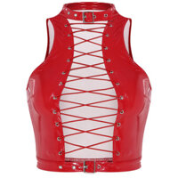 Oyolan Nữ Giả Da Áo Vest Ren Lên Dây Buộc Phía Trước Không Tay Crop Tops Cho Đảng Lễ Hội