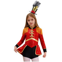 Oyolan Trẻ Em Bé Gái Xiếc Mùa Hè Cosplay Trang Phục Dài Tay Viền Epaulet Kim Sa Lấp Lánh Body Với Mini Top Mũ Trống Đội Mũ Phụ Kiện
