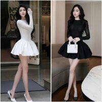P111 - Đầm body dài tay tùng ngắn xòe ren sang chảnh đen trắng tôn dáng đi tiệc đi chơi