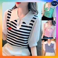 [P145] Áo len thun nữ Montoghi phối tay phồng LOGO TRÁI CHERRY họa tiết kẻ sọc xinh xắn - PnG