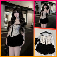 [P145][monana] Set áo corset chấm bi phối chân váy lưới tầng trẻ trung năng động