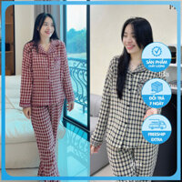 P17 Đồ bộ mặc nhà nữ LILA kẻ caro phối cổ pyjama và tay áo chất thô cotton Nhật mềm mịn mát Lila Dobothietke