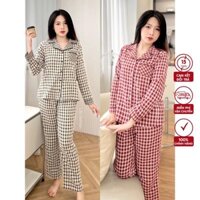 P17-Đồ bộ mặc nhà nữ Lila Clothing kẻ caro phối cổ bẻ pyjama, Chất thô cotton Nhật mềm mịn mát