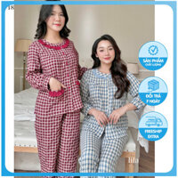 P18- Bộ đồ Pijama mặc nhà nữ LILA kẻ caro cổ nhún bèo phối chất thô cotton mềm mịn,thấm hút mồ hôi,Tay dài,Quần dài túi