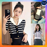 [P282] Áo len thun nữ Montoghi dệt kim cổ THỦY THỦ phối NÚT chữ kẻ sọc xinh xắn - PnG