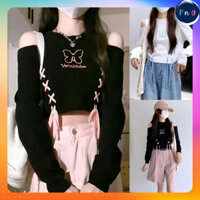 [P283] Áo croptop Montoghi con bướm THẮT DÂY kèm phối khoét vai tay dài xinh xắn - PnG