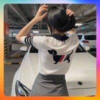 [P337] Áo len Montoghi Dệt kim nữ họa tiết CÚN CON phối SỌC KẺ mặt trước Quảng Châu - PnG