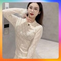 [P400] Áo len mỏng kiểu nữ 2 lớp phối TAY LÔNG họa tiết hình thoi hàng Quảng Châu sang chảnh - PnG