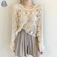 [Paandab] Nữ Mùa Hè Bohemia Cổ Tròn Dài Tay Rỗng Ra Dệt Kim Áo Sơ Mi Rời JOO