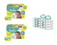 Pampers Bundle - Swaddlers Disposable Baby Diapers Size 2, 186 Count (Pack of 2) with Pampers Sensitive Water-Based Baby Wipes, 12 Pop-Top and Refi...