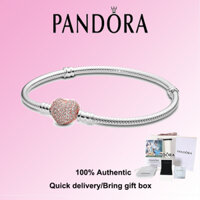 Pandora S925 Sterling Silver Pandora Moments Pavé Heart Clasp Vòng tay chuỗi rắn