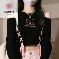 Panpia Cô Gái Cay Gợi Cảm Retro Bướm Thêu Vai Nữ Crop Áo Len HEVN