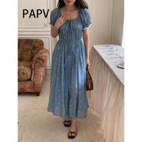 Papv Chic Square Neckline Tie Wrap Bubble Sleeve Váy hoa 3902