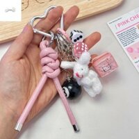 Partypalace Kitty Móc chìa khóa, Mặt dây chuyền túi dệt màu hồng Kawaii, Dây da thỏ dễ thương Trang trí ba lô Y2k Túi quyến rũ bé gái