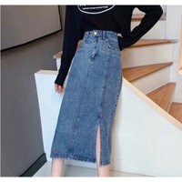 [Pas] Chân váy chữ A dài vải jean xanh sáng Size S