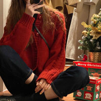 PASS Áo len đỏ cardigan lông mịn