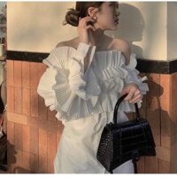 PASS áo váy trễ vai trắng