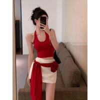 [PASS D50 ulzzang] Set áo 2 dây cổ yếm phối chân váy chữ A kèm thắt lưng hoa hồng tôn dáng