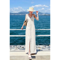 pass đầm linen dáng dài màu kem muối tiêu size s