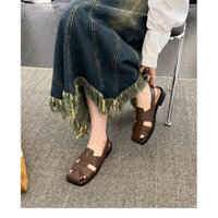 Pass dép sandal da màu nâu mũi vuông sz 37,38