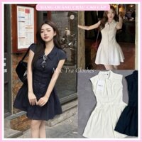 [Pass đồ ]Váy tay hến cổ nơ dáng xoè nhẹ buộc dây lưng xanh navy