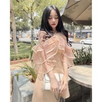 [Pass new] Đầm cổ yếm nữ trắng phối bèo trễ vai cổ yếm mặc dự tiệc dạo phố