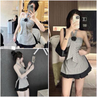 [Pass new loại 1] Set áo sơ mi cổ yếm hoa hồng phối chân váy xếp ly