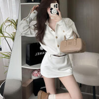 PASS NEW set đồ nữ đầm váy cổ sơ mi trắng kem dáng ngắn thiết kế LANNIE, Váy nữ trắng kem đính cúc dáng ngắn TỰ MAY