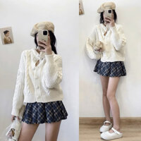 (PASS QUẦN ÁO) Áo khoác cardigan len vặn xoắn thừng cài cúc bọc dáng rộng tay dài cổ tròn trắng kem