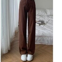 (Pass) Quần jean kaki ống rộng màu nâu dáng dài