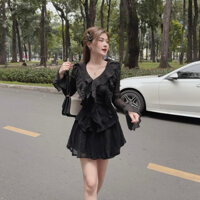 [Pass] Set áo tay loe viền bèo kèm chân váy màu đen freesize < 50kg
