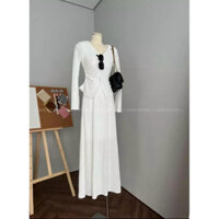 PASS Set thun xốp dập váy suông dáng dài áo tay dài cổ V đính ngọc NEW 100%