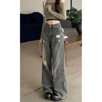 [Pass] sizeXl Quần jean lưng cao ống suông phối rách phong cách Retro