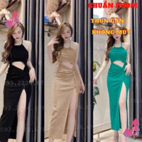 [PASS ] Thanh lý đồ cá nhân - Váy đầm yếm nữ hở lưng xẻ tà đùi khoét bụng màu đen thun gân sexy phong cách sang chảnh